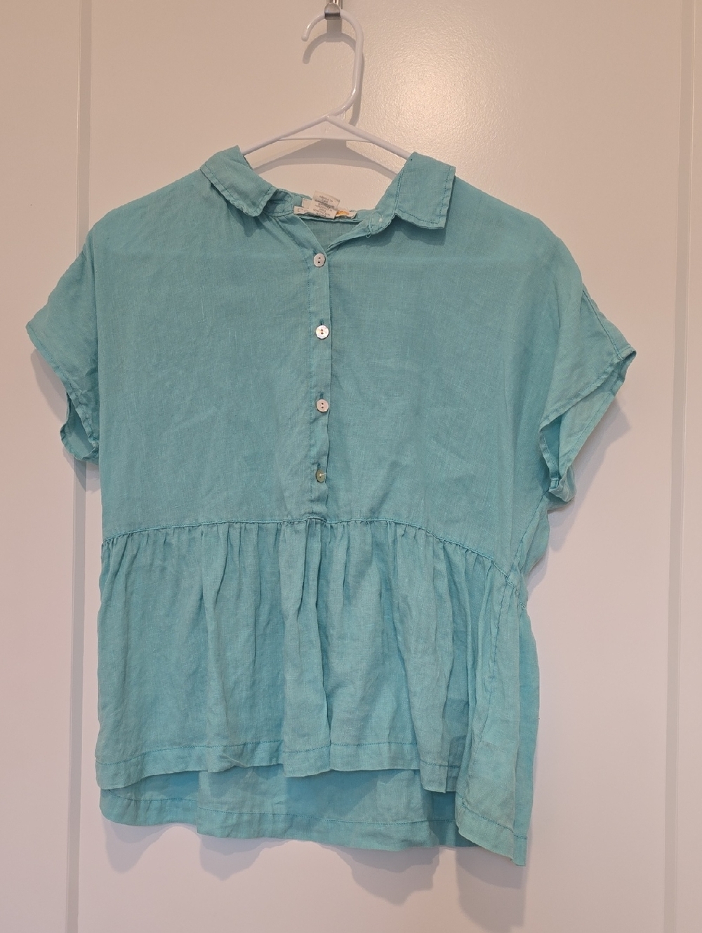 C&C California Linen Light Aqua Peplum Button-Up Top